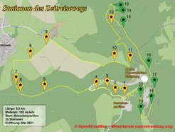 Map of the surroundings of the Effelsberg radio telescope. The positions of the 20 stations of the Time Travel Trail are marked. The first 12 stations as well as station no. 19 and no. 20 are located in the area of the federal state of North Rhine-Westphalia and the stations no. 13 to 18 in the area of Rhineland-Palatinate. The state border between the two federal states runs directly next to the 100-m telescope.