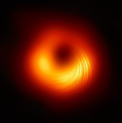 EHT Astronomers Image Magnetic Fields at the Edge of M 87’s Black HolePolarisation in the very centre of galaxy M87. Polarization “field lines" are plotted atop an underlying total intensity image (the “shadow of a black hole” image from April 2019). To emphasize the regions with stronger polarisation detections, length and opacity of the streamlines are scaled with the polarised intensity.