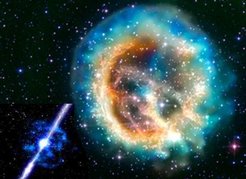 Künstlerische Darstellung eines Supernova-Überrests, dem Geburtsort eines Pulsars, der unten links dargestellt wird.