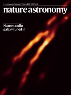 Centaurus A, at the cover of the October 2021 issue of Nature Astronomy. The work, led by MPIfR researcher Michael Janßen, provides unprecedented detail from the innermost regions of the nearby, prominent Southern galaxy.