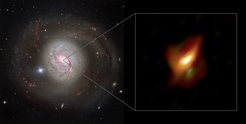 Abb. 1: Der linke Bildteil zeigt einen überwältigenden Blick auf die aktive Galaxie NGC 1068, aufgenommen mit dem „FOcal Reducer and low dispersion Spectrograph 2“ (FORS2) am „Very Large Telescope“ (VLT) der ESO. Das rechte Bild zeigt eine vergrößerte Ansicht des zentralen Bereichs dieser Galaxie, ihres aktiven galaktischen Kerns, wie er mit dem MATISSE-Instrument am „Very Large Telescope Interferometer“ (VLTI) der ESO bei Infrarot-Wellenlängen beobachtet wurde.