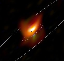 Abb. 2: Dieses Bild, aufgenommen mit dem MATISSE-Instrument am Very Large Telescope Interferometer (VLTI) der ESO, zeigt die innere Region der aktiven Galaxie NGC 1068. Aktive galaktische Kerne sind extrem energiereiche Quellen, die von supermassereichen schwarzen Löchern angetrieben werden. In außergewöhnlich detailreichen Beobachtungen des aktiven Zentrums dieser Galaxie entdeckte ein Team von Astronomen einen dicken Ring aus kosmischem Staub und Gas, der ein supermassereiches Schwarzes Loch verbirgt. Der schwarze Punkt zeigt die wahrscheinlichste Position des Schwarzen Lochs, während die beiden Ellipsen die Ausdehnung des dicken inneren Staubrings (gestrichelt) und der ausgedehnten Staubscheibe in der Projektion zeigen.