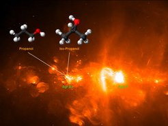 Fig. 1: The position of star-forming molecular cloud Sagittarius B2 (Sgr B2) close to the central source of the Milky Way, Sgr A*. The image, taken from the GLOSTAR Galactic Plane Survey (Effelsberg & VLA) shows radio sources in the Galactic centre region. The isomers propanol and iso-propanol were both detected in Sgr B2 using the ALMA telescope.