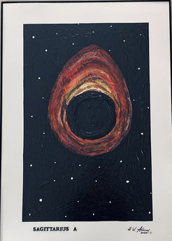 Abb. 2: Bild des Schwarzen Lochs Sagittarius A* (Sgr A*). Collage von Helge-W. Fechner (Modelliermasse und diverse Acrylfarben, Größe 79 x 90 cm, gerahmt unter Glas).