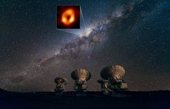 Abb. 2: Nachtbild des „Atacama Large Millimeter/Submillimeter Arrays“ (ALMA) mit Blick auf die Milchstraße sowie der Position von Sagittarius A*, dem supermassereichen Schwarzen Loch in unserem galaktischen Zentrum. Im Kasten hervorgehoben ist das Bild von Sagittarius A*, das von der Event Horizon Telescope (EHT) Kollaboration aufgenommen wurde. Das in der chilenischen Atacama-Wüste gelegene ALMA ist das empfindlichste aller am EHT-Netzwerk beteiligten Observatorien.