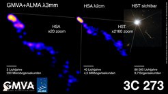 Abb. 1: Darstellung des Jets von 3C 273 bei unterschiedlicher Auflösung. Das linke Bild zeigt den bisher tiefsten Blick in den Plasmastrahl des Quasars 3C 273. Das ermöglicht es den Wissenschaftlern, die Kollimationsprozesse in Jets genauer zu untersuchen. Der stark gebündelte Jet erstreckt sich über Hunderttausende von Lichtjahren über die Galaxie selbst hinaus, wie auf dem optischen Bild rechts zu sehen ist, das vom Hubble-Weltraumteleskop aufgenommen wurde. Die Wissenschaftler verwenden Radiobilder bei verschiedenen Wellenlängen und in verschiedenen Winkelauflösungen, um die Expansion des gesamten Jets zu vermessen. Die hier verwendeten Radiointerferometer-Arrays sind das Global Millimeter VLBI Array (GMVA), das Atacama Large Millimeter/submillimeter Array (ALMA) und das High Sensitivity Array (HSA).