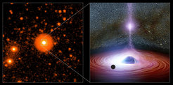 Fig. 1: The left panel shows a deep ultraviolet image of OJ 287 and its environment taken with Swift. This is one of the deepest UV images of that part of the sky ever taken, combining 560 single exposures. The brightest source in the field is OJ 287. The black hole region itself cannot be resolved in the UV image. The right panel depicts an artist’s view of the very center of OJ 287, including the accretion disk, the jet, and a second black hole orbiting the primary black hole which has a mass of 100 million solar masses.