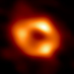 Fig. 2: First image of Sagittarius A* (or Sgr A* for short), the supermassive black hole at the centre of our galaxy (MPIfR Press Release, May 12, 2022).
