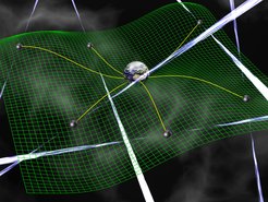 Abb. 3: Konzept eines Pulsar-Timing-Arrays: Ein Ensemble von Millisekunden-Pulsaren in verschiedenen Richtungen von der Erde aus gesehen wird systematisch beobachtet. Aufgrund der Präzision ihrer Pulsperiode und ihrer Verteilung am Himmel stellen diese Pulsare einen Gravitationswellendetektor dar, der große Entfernungen in der Milchstraße abdeckt, um so Gravitationswellen im Nanohertzbereich erfassen zu können.