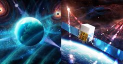 Fig. 1: Two artist’s impressions: Left: an ensemble of pulsars used to detect a sea of gravitational waves travelling through space, generated by merging supermassive black holes. Right: NASA’s Fermi space telescope observing gamma-ray pulsars and independently detecting the gravitational wave background.