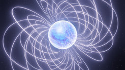 Fig. 1: Artistic impression of a magnetar, where a neutron star emits radio light powered by the energy stored in the ultra-strong magnetic field, causing outburst which are among the most powerful events observed in the Universe.