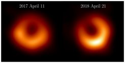 Fig. 1: The Event Horizon Telescope Collaboration has released new images of M87* from observations taken in April 2018, one year after the first observations in April 2017. The new observations of 2018 reveal the familiar, bright ring of emission of the same size as found in 2017. This bright ring surrounds a dark central shadow, and the brightest part of the ring in 2018 has shifted by about 30º relative from 2017 to now lie in the 5 o’clock position.
