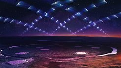 Abb. 1: Künstlerische Darstellung einer großen Satellitenkonstellation in einer erdnahen Umlaufbahn, die über dem LOFAR-Teleskop kreist. Eine der sechs Stationen des europäischen Niederfrequenz-Radioteleskops LOFAR in Deutschland befindet sich am Standort des Radio-Observatoriums Effelsberg (aus MPIfR-Pressemitteilung vom 5. Juli 2023.