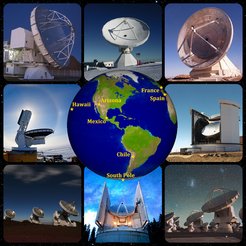 Abb. 2: An den "Event-Horizon-Teleskop"-Beobachtungen im April 2017 beteiligte Teleskope (von links oben im Uhrzeigersinn): APEX (Chile), Pico Veleta (Spanien), LMT (Mexiko), JCMT (Hawaii), ALMA (Chile), SMT (Heinrich-Hertz-Teleskop, Arizona), SMA (Hawaii), SPT (Südpol).
