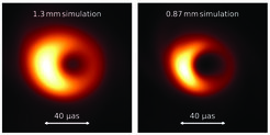 Fig. 1: Computer simulated images of the Event Horizon scale emission around a black hole resembling Sgr A* at observing wavelength of 1.3 mm (left) and 0.87 mm (right). At the shorter wavelength the shadow of the black hole appears sharper and more prominent.