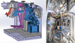 Figure 2: (Links) CAD-Schnitt der APEX Cassegrain Kabine mit N3AR in blau; A-MKIDS M3 Spiegelmontierung in Pink. (Rechts) Foto von N3AR während der Installation, noch nicht installiert ist die LOA (die blau Scheibe etwas unterhalb der Mitte ist der Schutzdeckel des RF-Fensters)