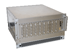 A photograph of a TFR-Generator as a 19 inch slide-in. It is a rectangular metal box with a number of connectors that are slotted into the front. Each slot says TFR Generator on it. The rightmost slot has a number of ports including usb and hdmi. At the front, on the left and right, there are two grips allowing it to be maneuevered. A fan duct runs below the main object.