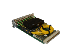 A board with a small fan mounted on top of it. In the front, there is a connector. From the board, yellow wires run towards a row of plugs in the back.The wires are bundled together by zip ties.