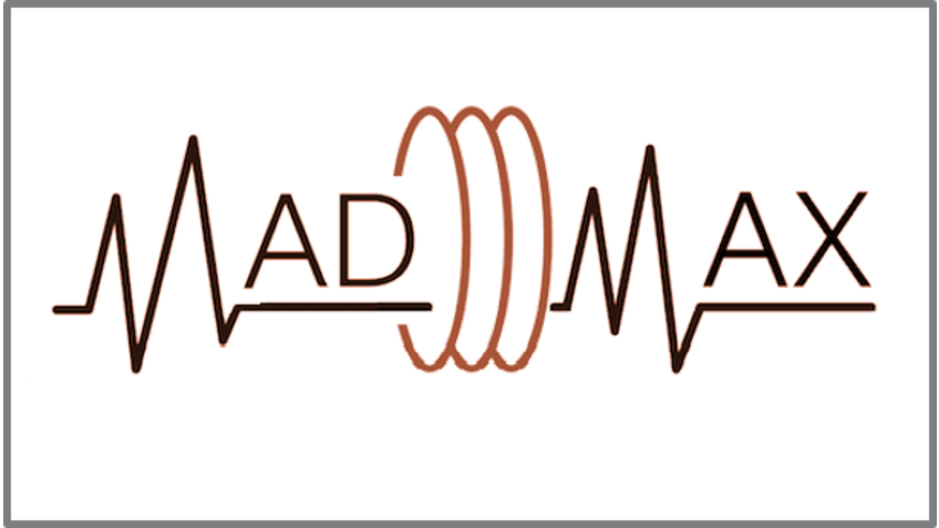 MADMAX The logo of mad max shows the initials M as a frequency spectrum. Between mad and max, there are three rings. The logo appears to pass through the rings.